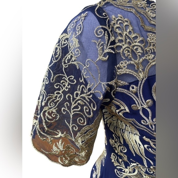 YZXH Yu Zhong Xie Hou Navy Blue and Taupe Lace Embroidered A-Line Dress Size L - Picture 6 of 15